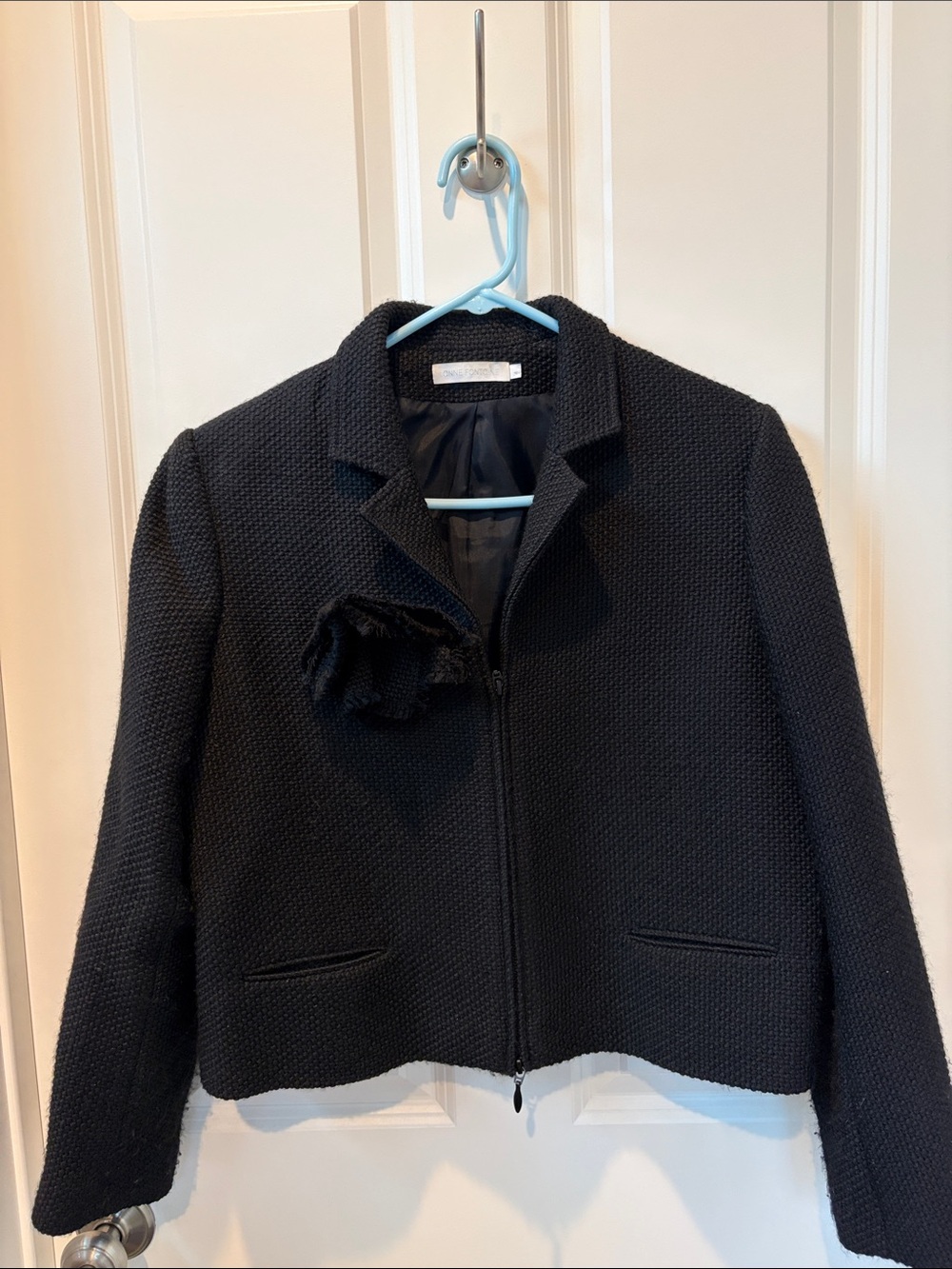 Anne Fontaine Women's Black Textured Zip Blazer with Floral Accent